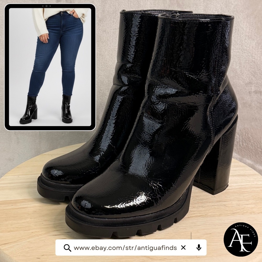 Steve Madden Vintage Black Patent Platform Ankle Boots Block Heel Lug Sole 10M